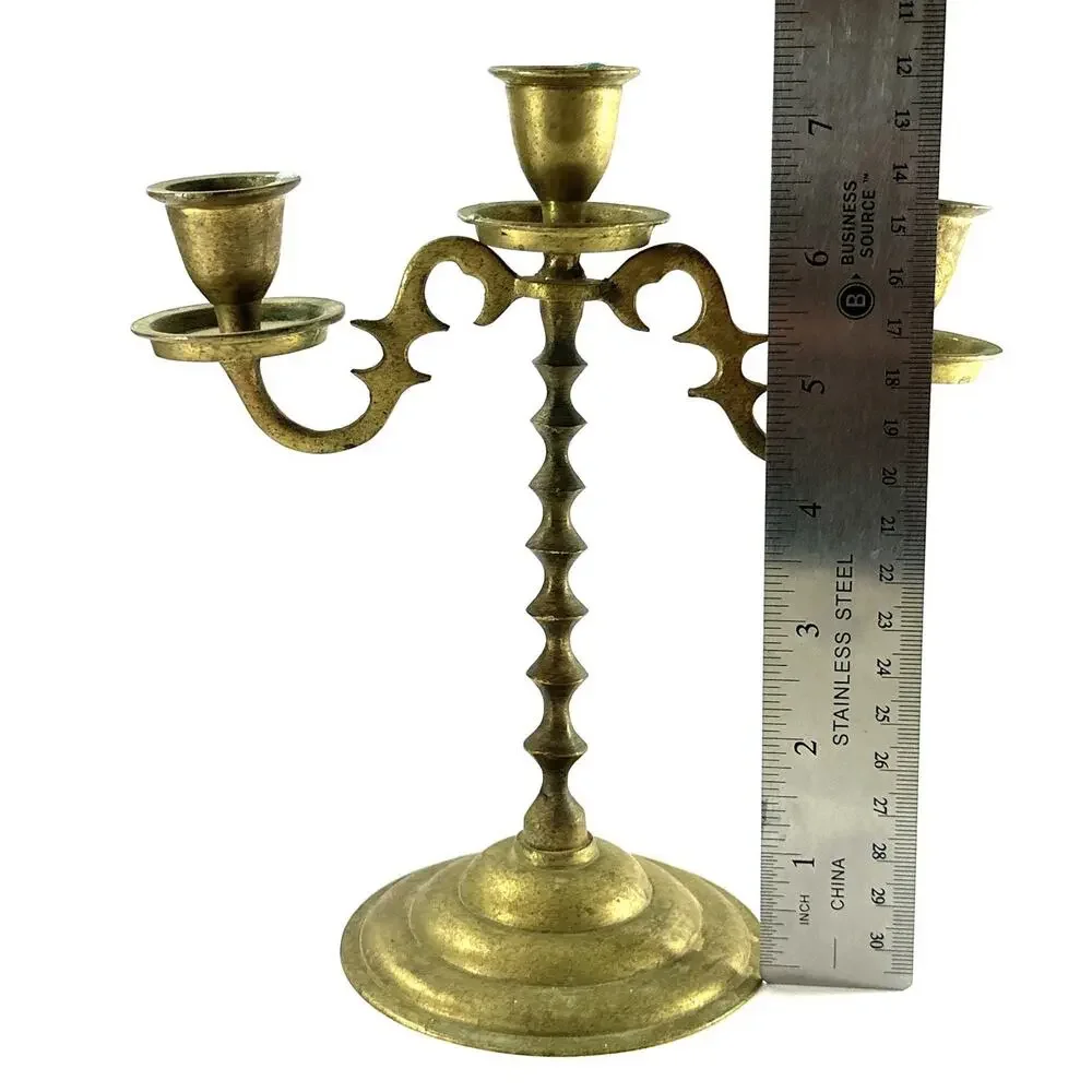 Vintage Brass 3 Arm Candelabra Candlestick Holder Gothic Spanish Colonial 7.5”